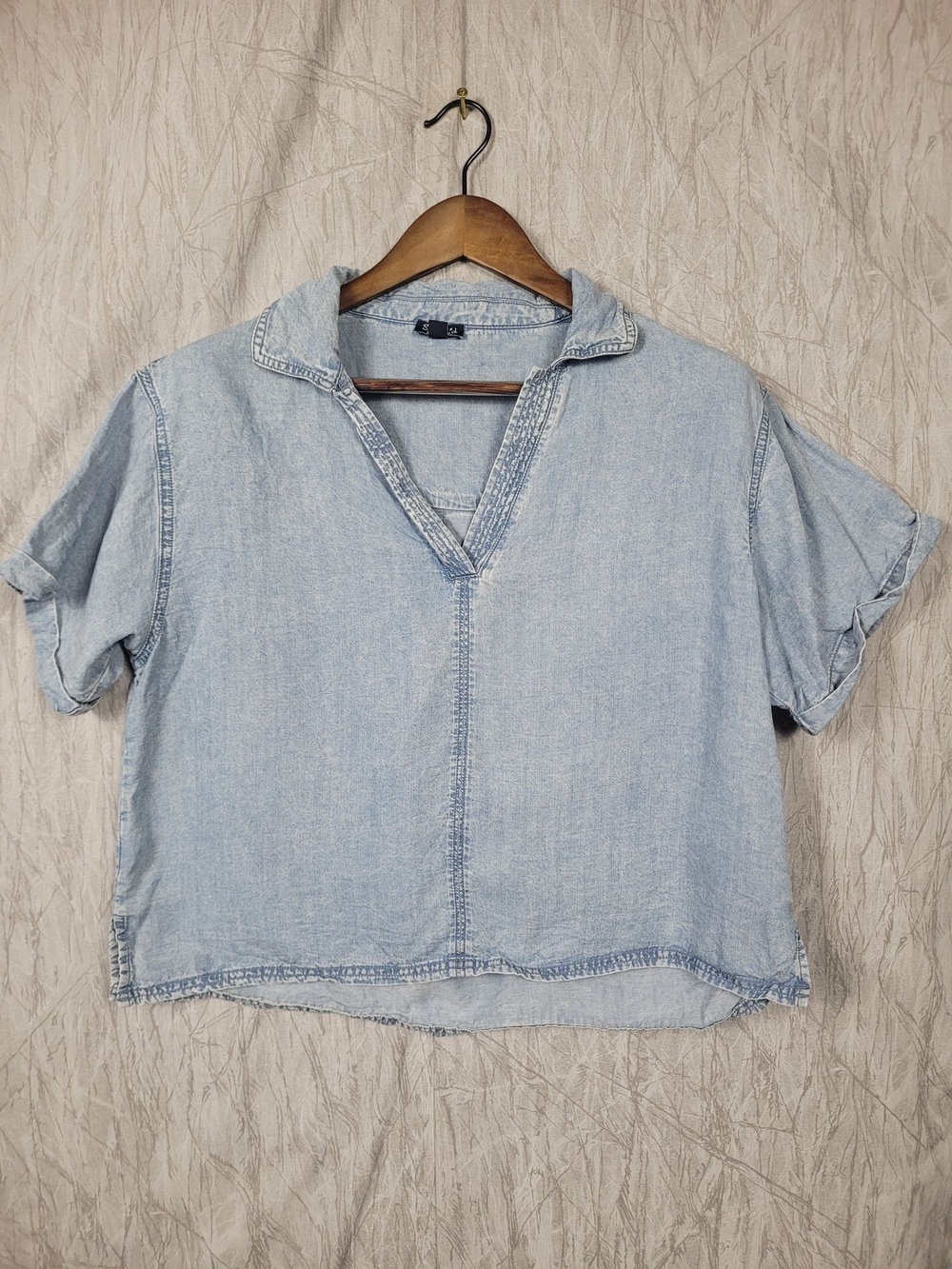 Splendid Blouse Womens Medium Blue Chambray V Neck Short Sleeve Relaxed Top